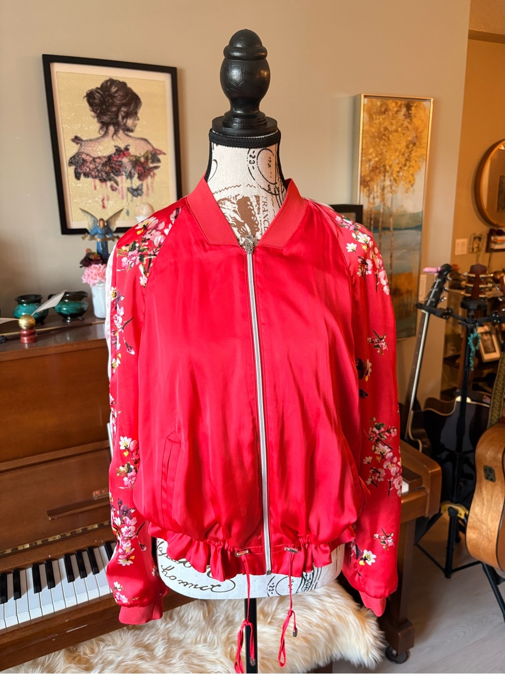 Divided Women's Red Floral Bomber Jacket with Drawstring Hem